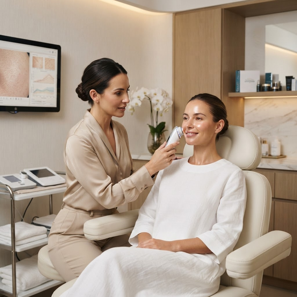 Clinician performing a precise, professional skin consultation